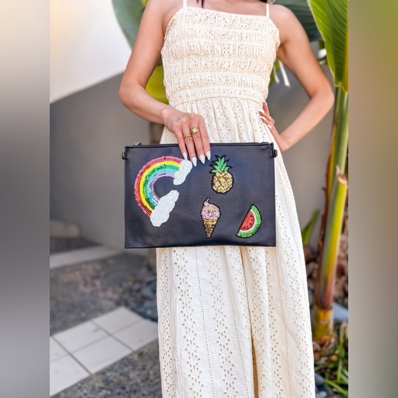 Sequin Patch Zipper Wristlet Purse/Clutch (Black) - Picture 3 of 7